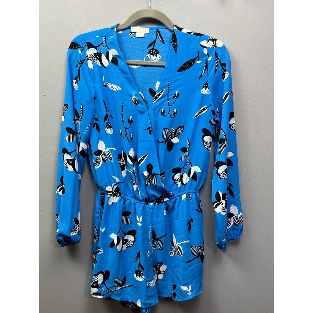 Finn & Grace Romper Womens XS Blue Floral Long Sleeve V-Neck Elastic Waist